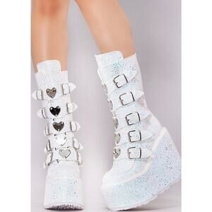 Demonia Frosted Trinity Lovesick Boots White Glitter Platform SWING-230G midcalf